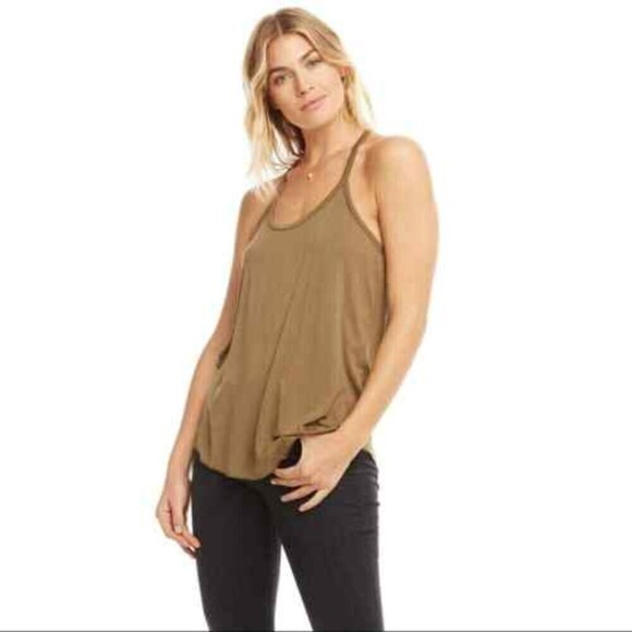 NWT CHASER Olive Green Ruffle Racerback Jersey Summer Tank Top Size Medium - Picture 1 of 6